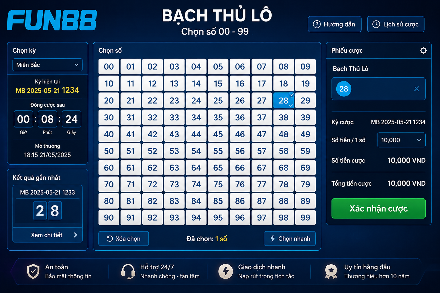 Giao diện bảng Bạch Thủ Lô trên Fun88