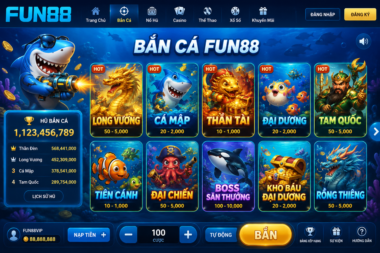 Giao diện sảnh Bắn Cá Fun88