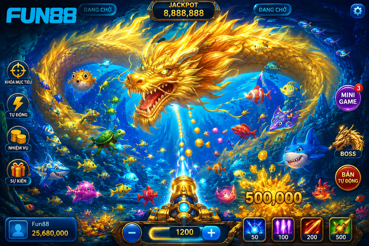 Giao diện game Bắn Cá Rồng với boss Rồng và đàn cá