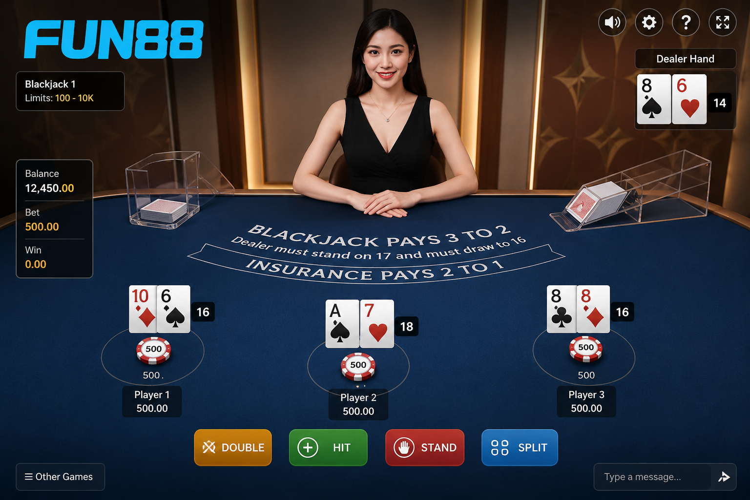 Giao diện bàn Blackjack trực tuyến với Dealer