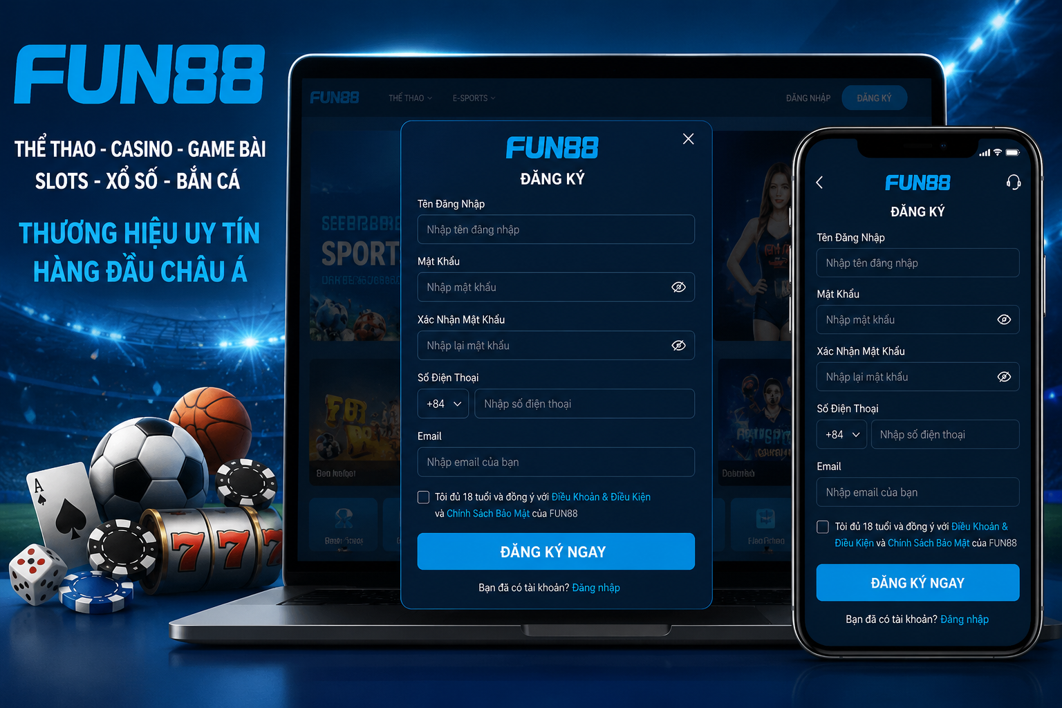 Giao diện đăng ký Fun88 trên máy tính hoặc điện thoại với biểu mẫu tạo tài khoản