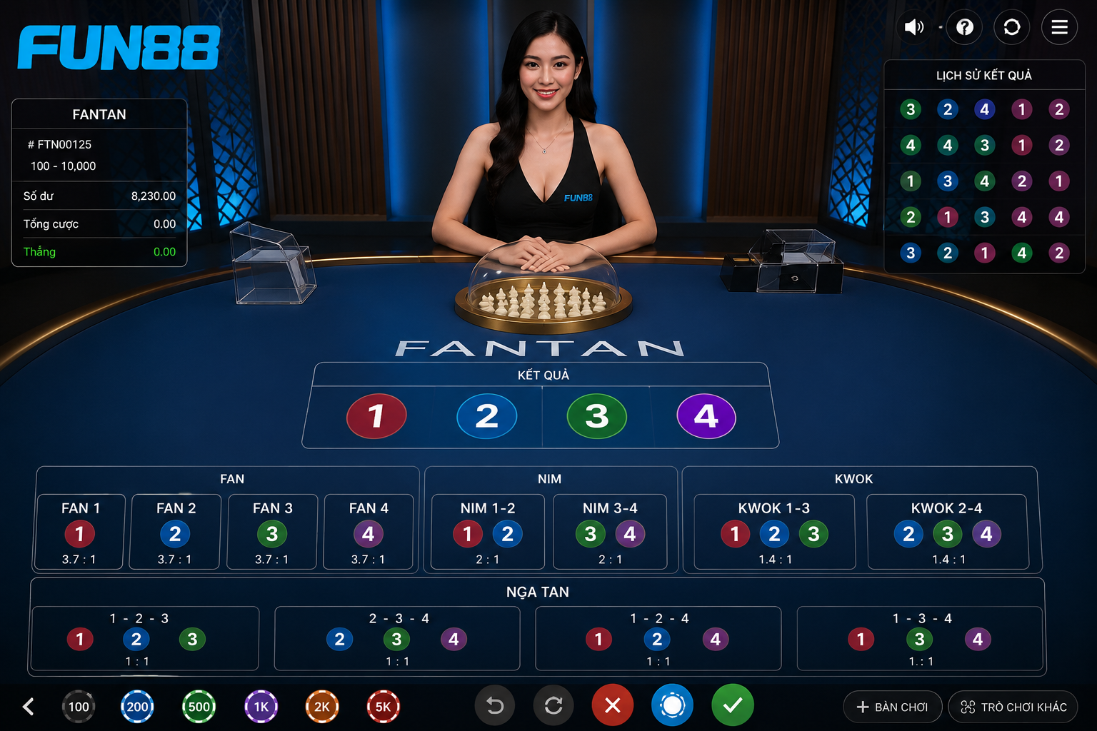 Giao diện bàn Fantan với Dealer trực tiếp