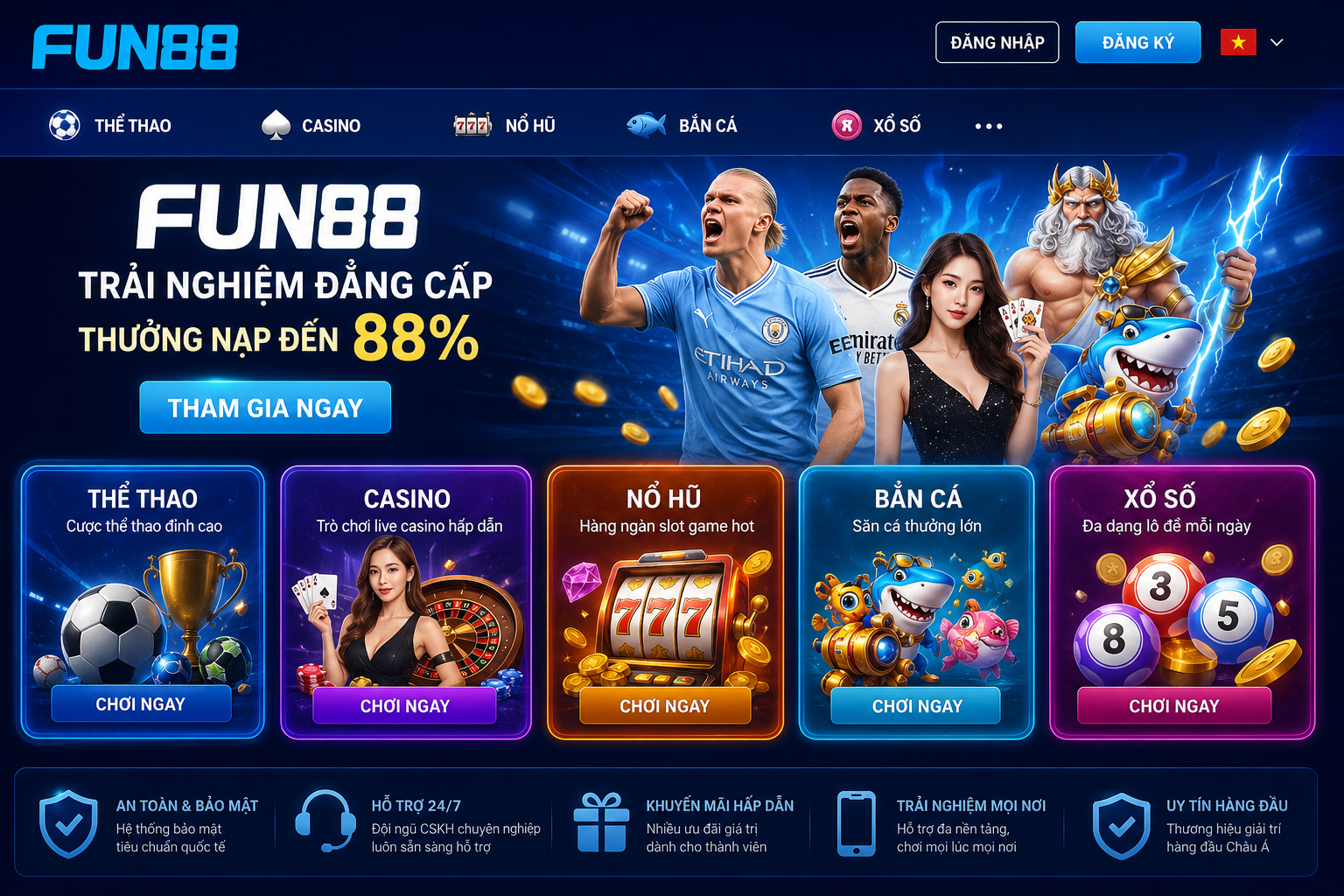 Giao diện trang chủ Fun88 hiển thị các danh mục Thể thao, Casino, Nổ hũ, Bắn cá và Xổ số