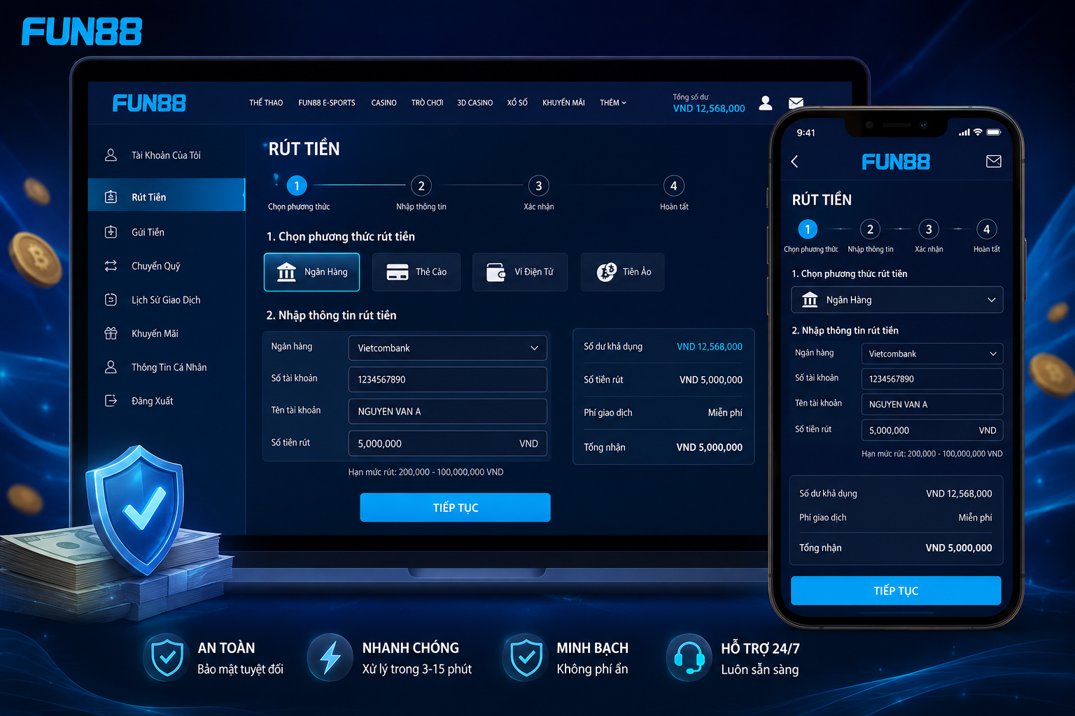Giao diện rút tiền Fun88 trên máy tính hoặc điện thoại