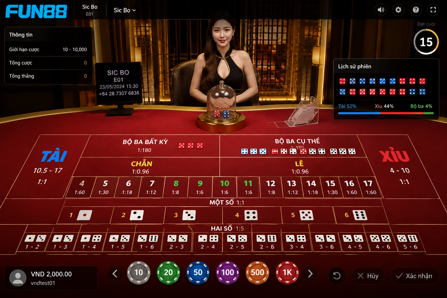 Giao diện bàn Sicbo với Dealer