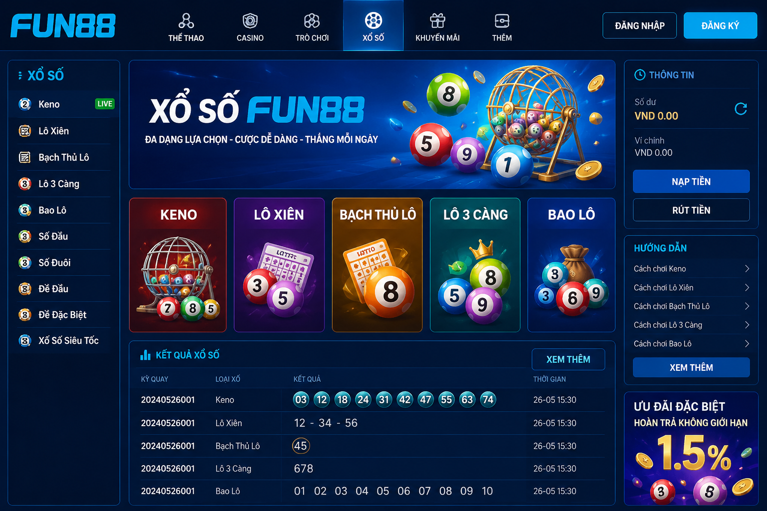 Giao diện sảnh Xổ Số Fun88